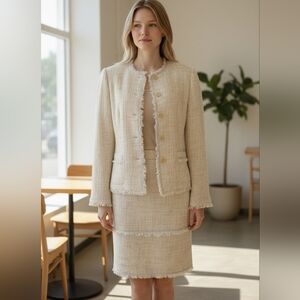 Vintage Neiman Marcus Exclusive Tweed Skirt Suit Set Size 8 Fringe